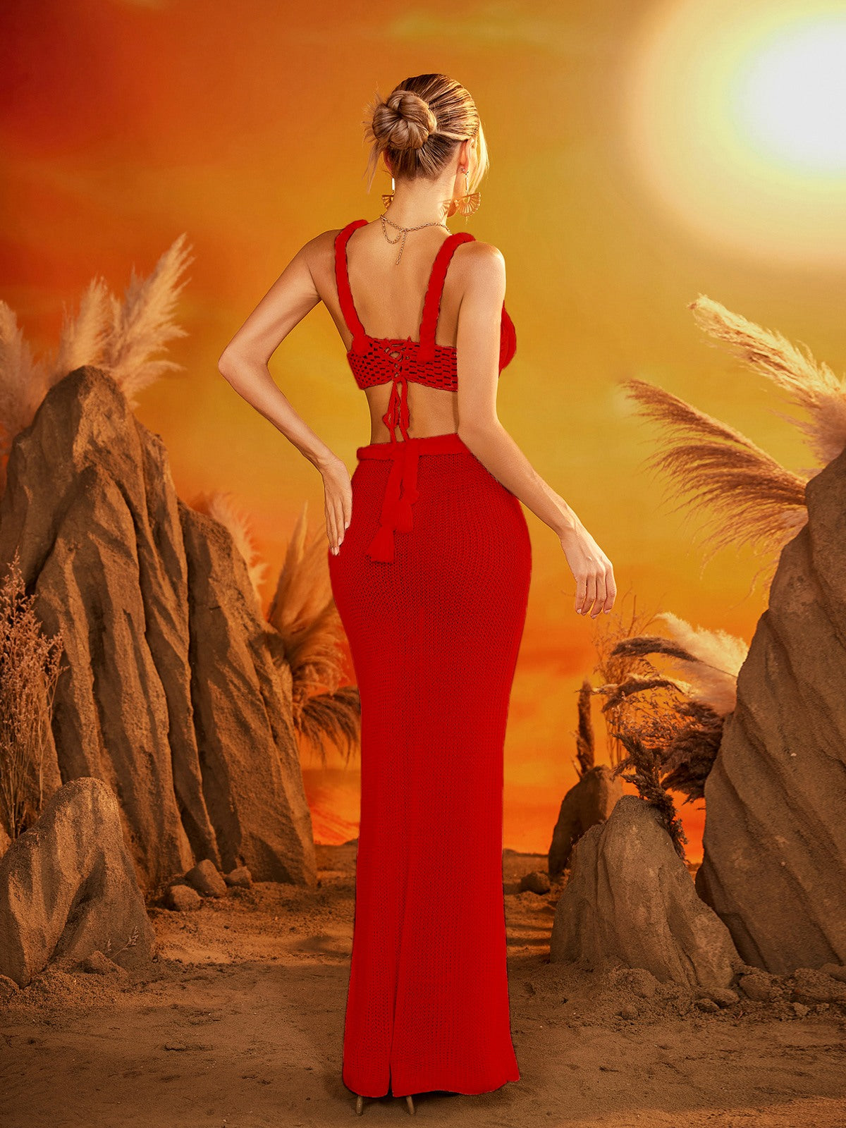 Dazmir Spaghetti Cutout Knitted Skirt Set In Red