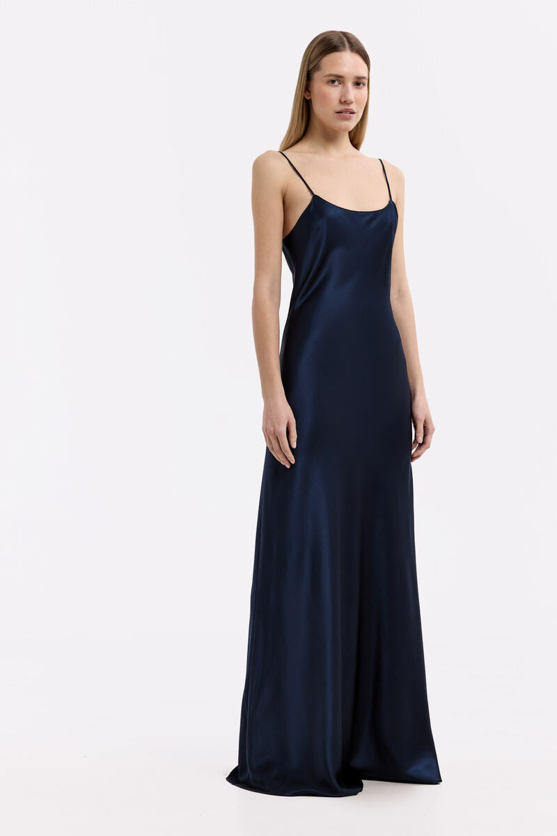 DEVON NAVY LOW-BACK SILK-SATIN MAXI DRESS