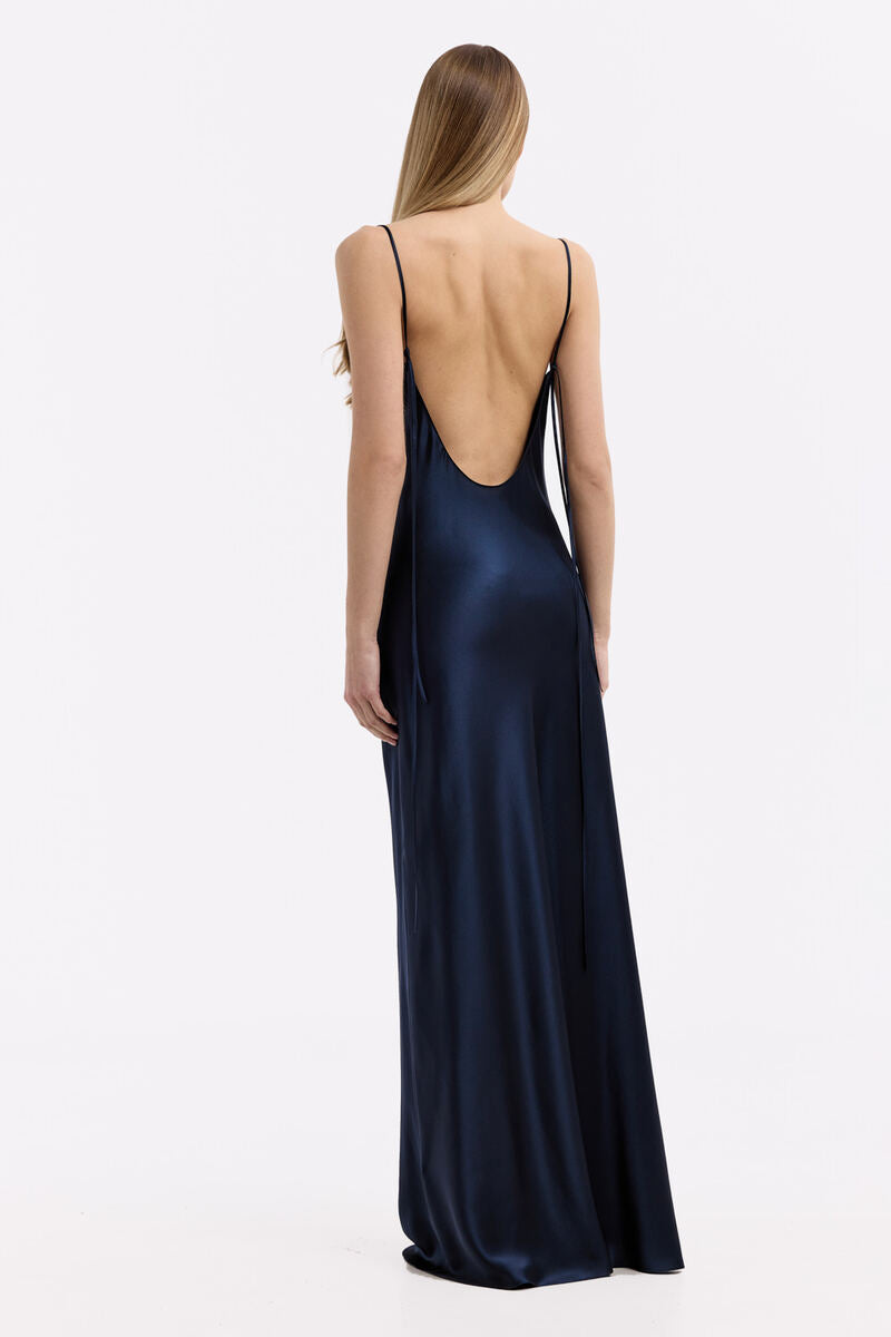 DEVON NAVY LOW-BACK SILK-SATIN MAXI DRESS