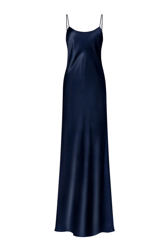 DEVON NAVY LOW-BACK SILK-SATIN MAXI DRESS