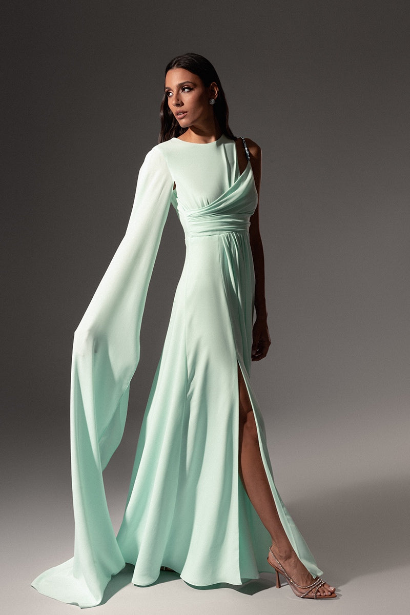 CULT MIA X MONIKA DIMOVA MINT DRAPED EMBROIDERED GOWN