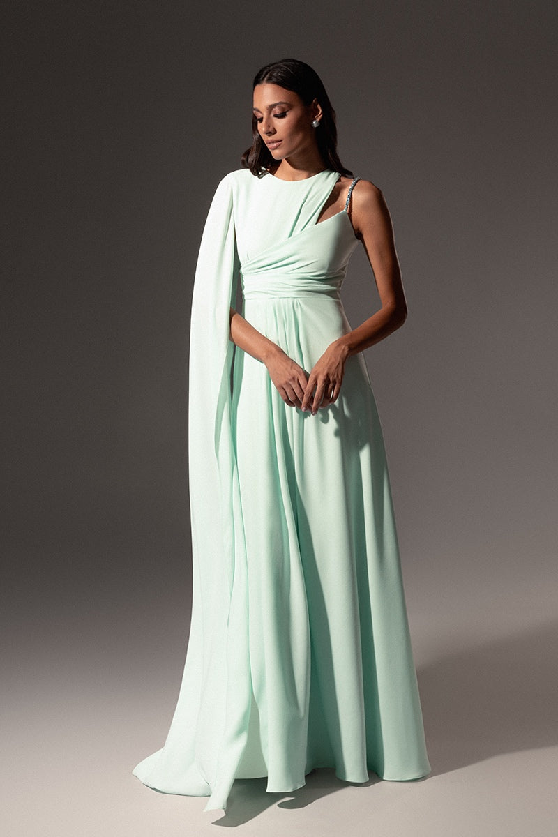 CULT MIA X MONIKA DIMOVA MINT DRAPED EMBROIDERED GOWN