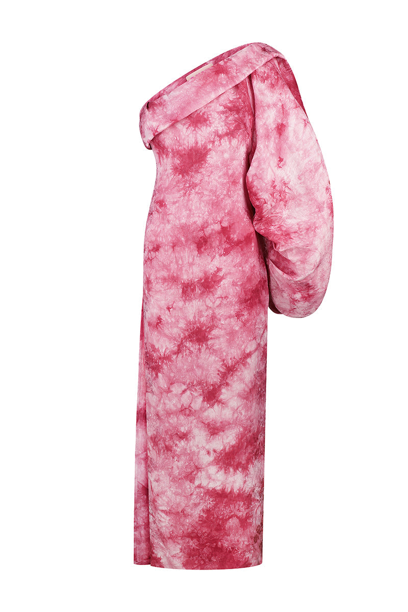 RED TIE DYE SILK MAXI DRESS