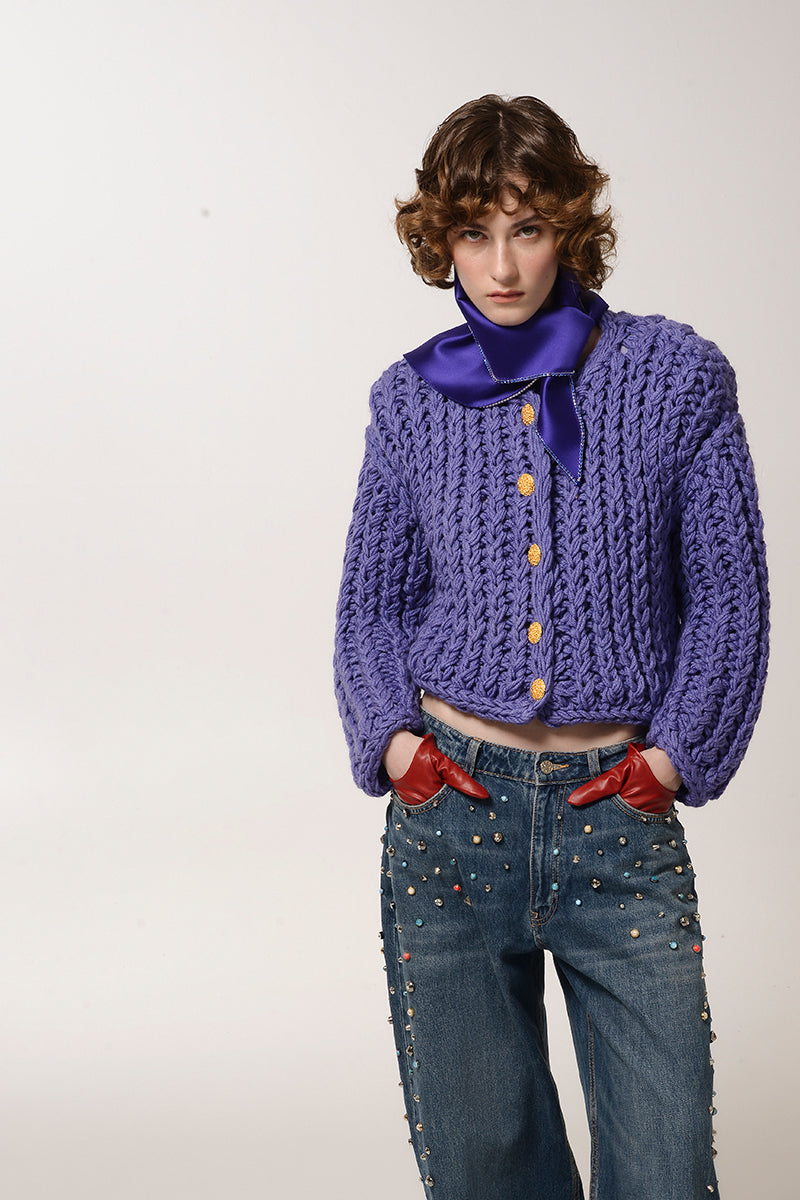 PURPLE CABLE KNIT WOOL CARDIGAN
