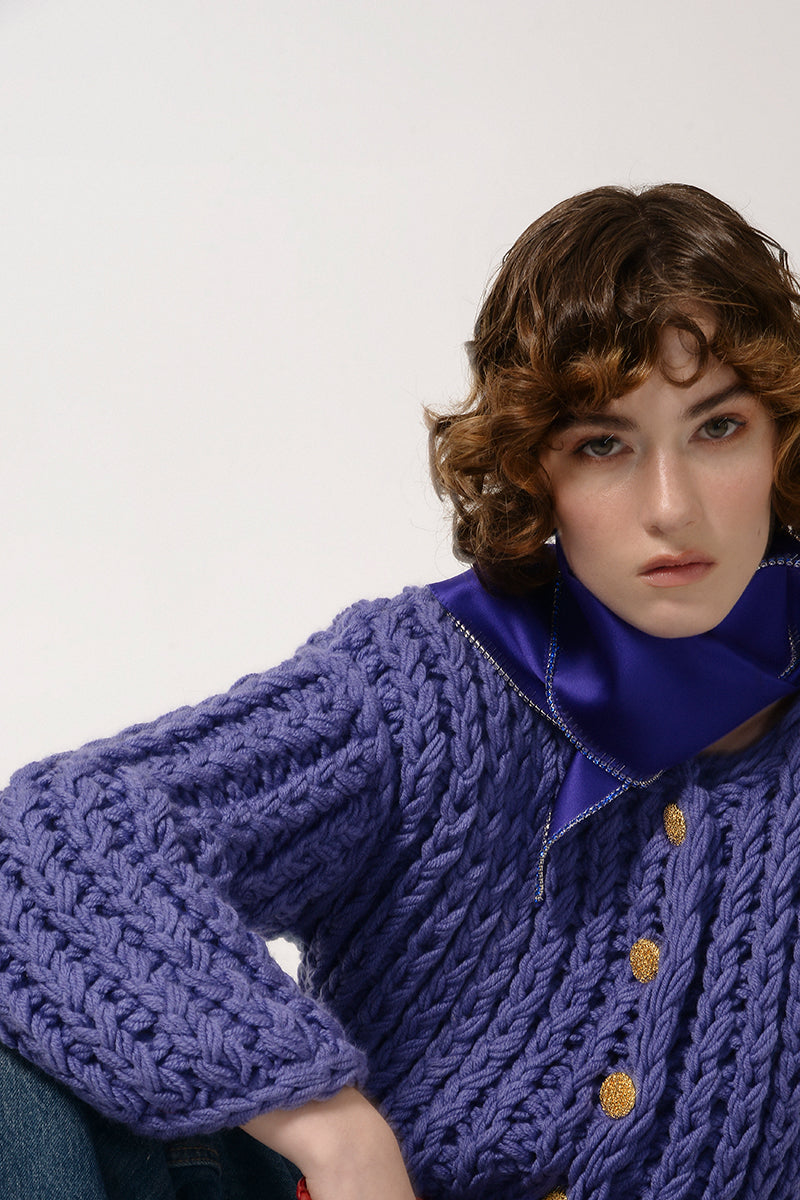 PURPLE CABLE KNIT WOOL CARDIGAN