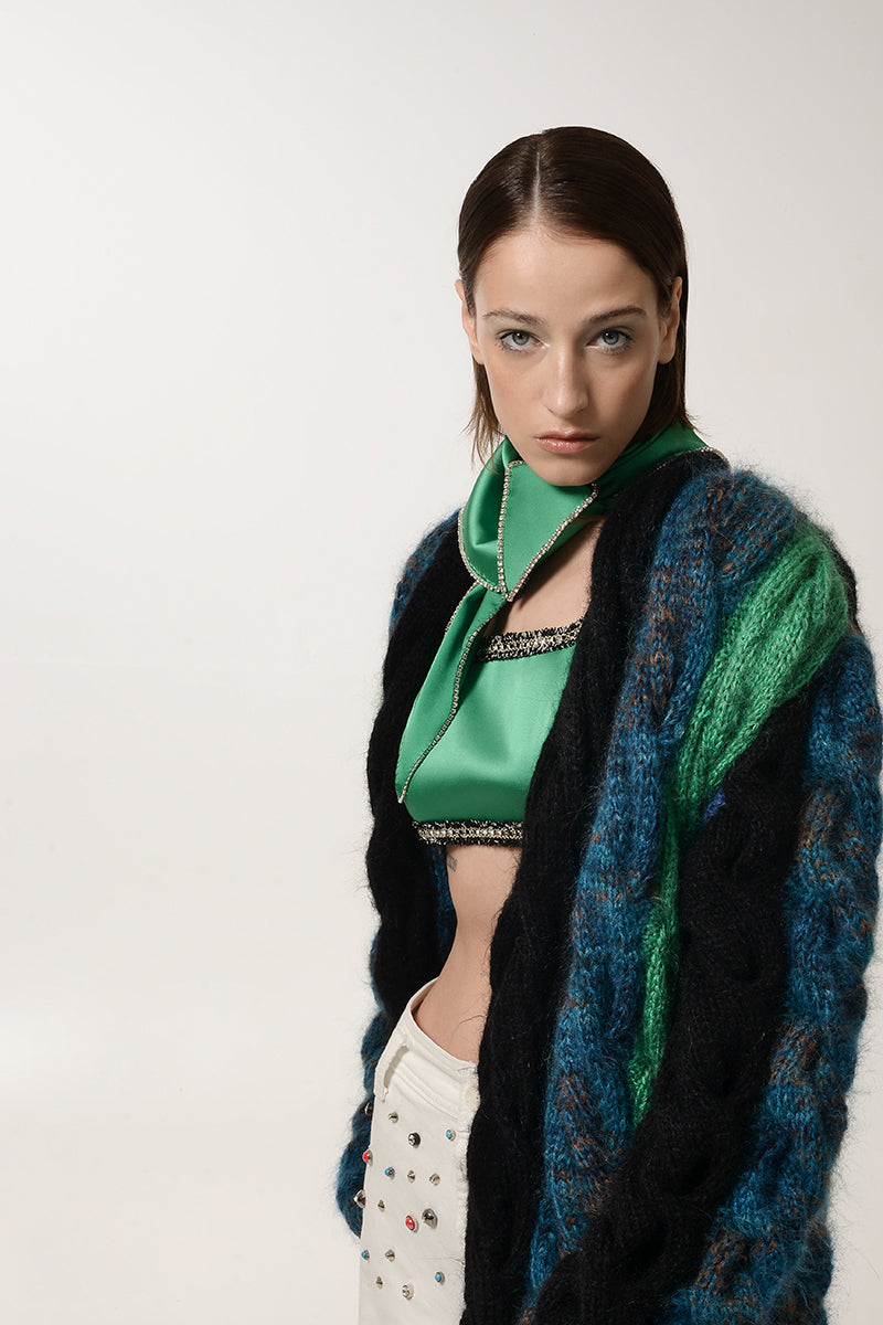 GREEN AND BLUE MOHAIR CARDIGAN