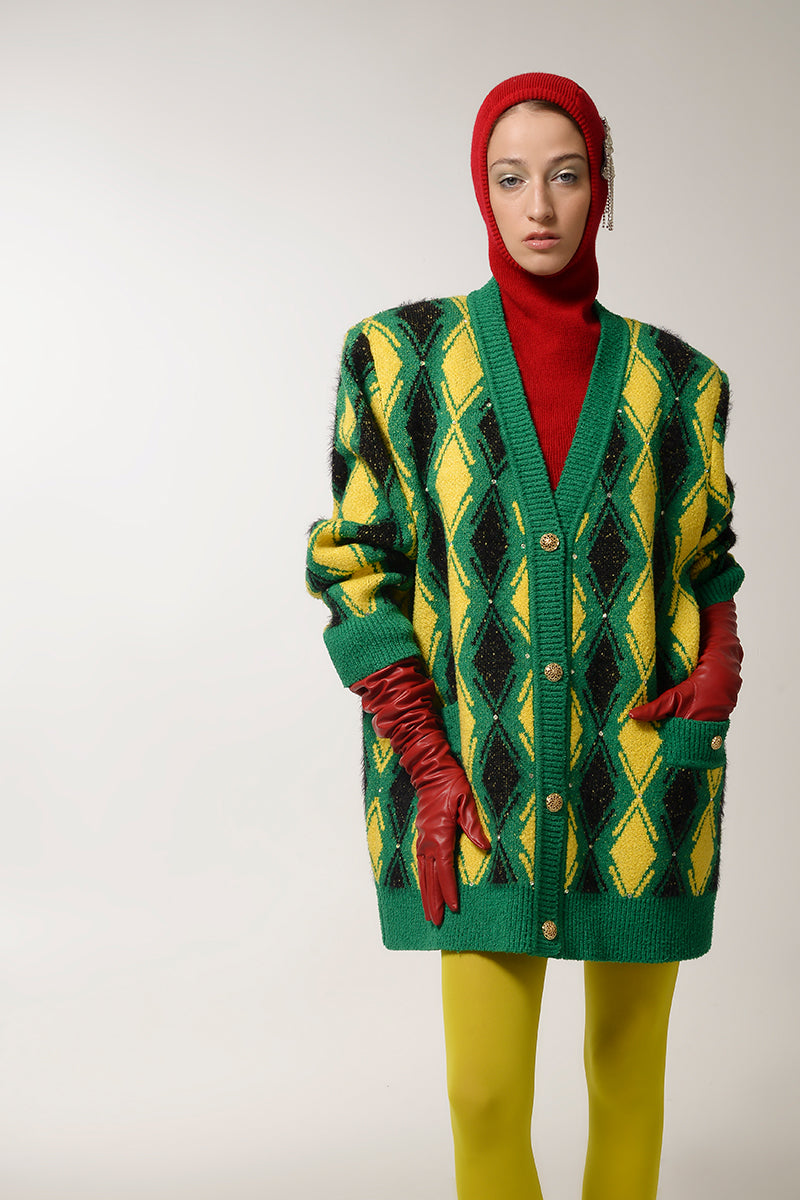 GREEN AND YELLOW CHECKED WOOL CARDIGAN