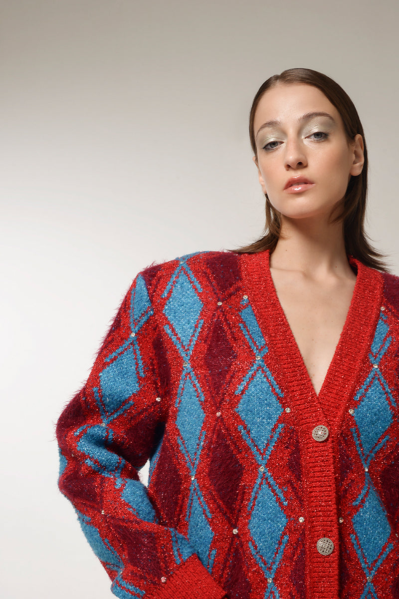 RED AND BLUE CHECKED WOOL CARDIGAN