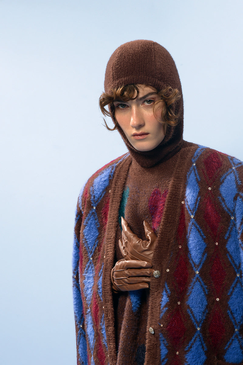 BROWN AND BLUE CHECKED WOOL CARDIGAN