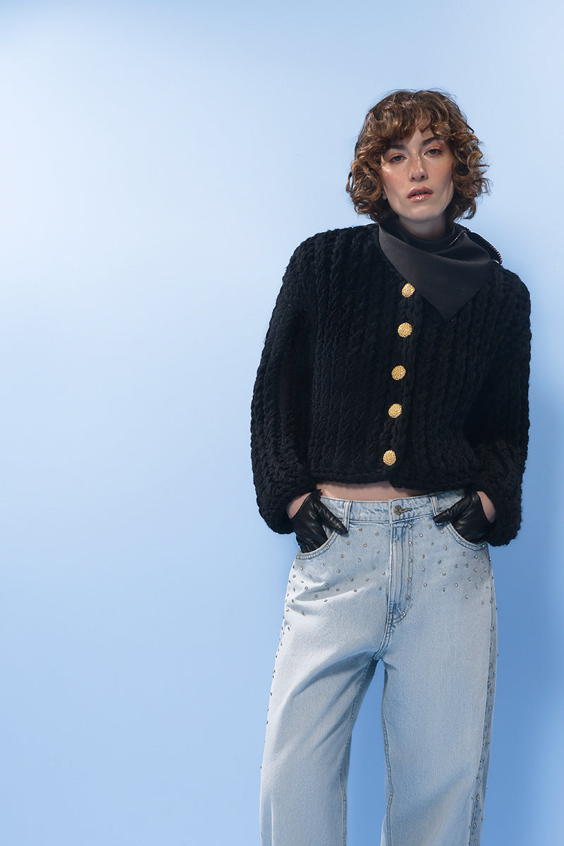 BLACK CABLE KNIT WOOL CARIDGAN