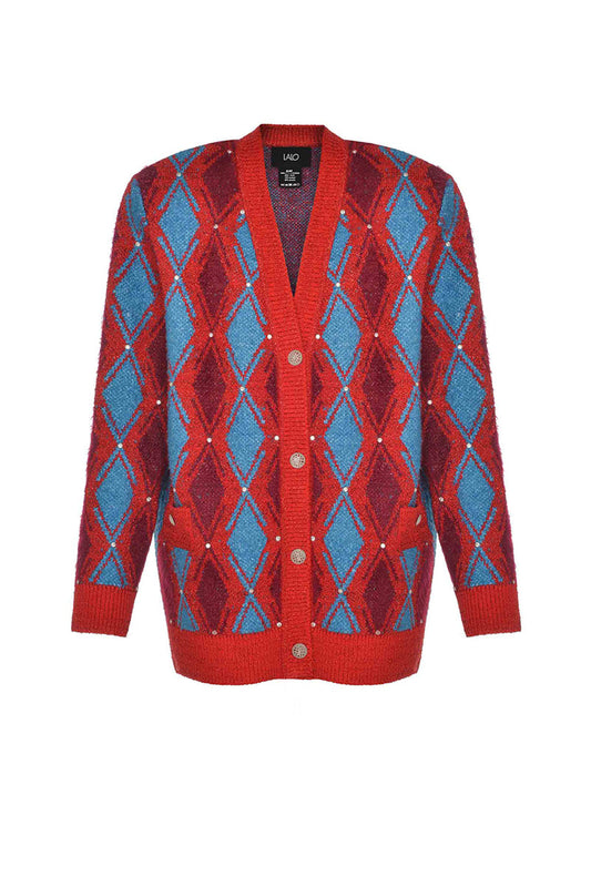 RED AND BLUE CHECKED WOOL CARDIGAN