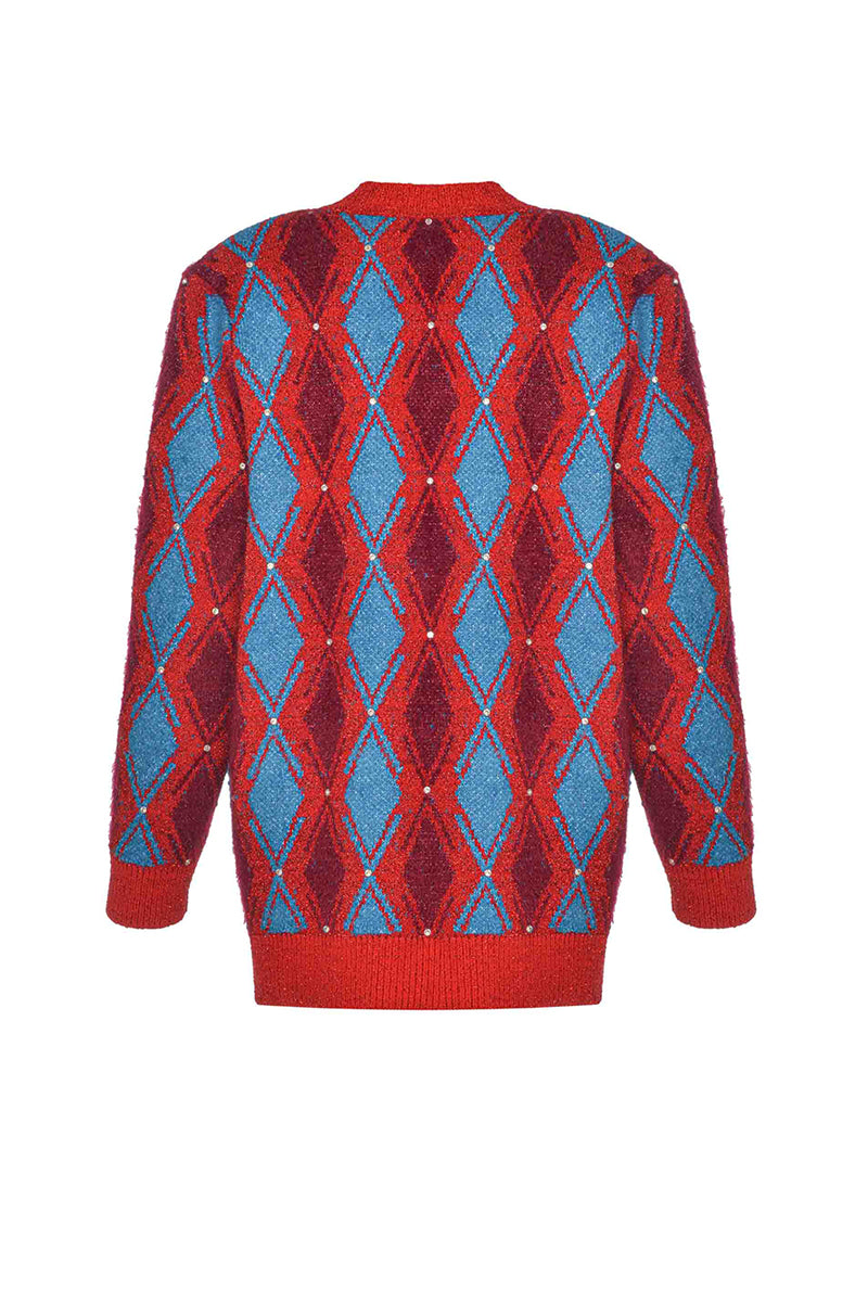 RED AND BLUE CHECKED WOOL CARDIGAN