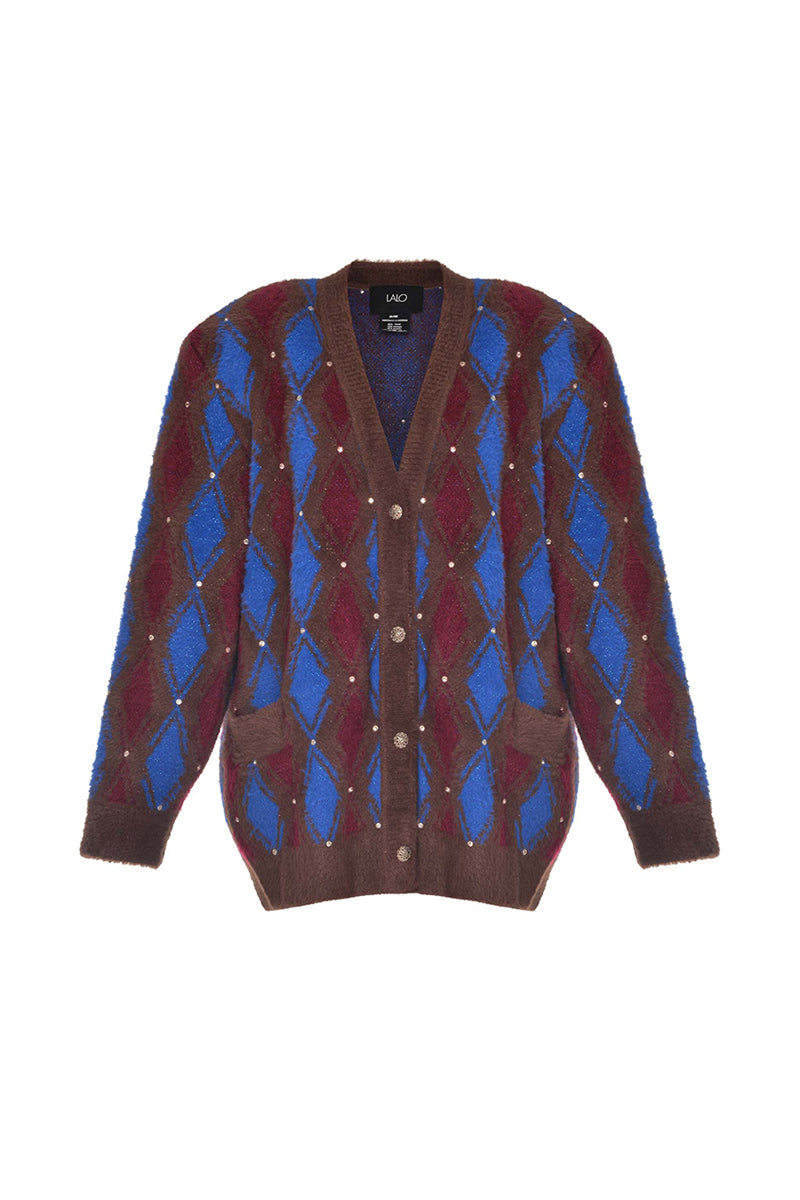BROWN AND BLUE CHECKED WOOL CARDIGAN