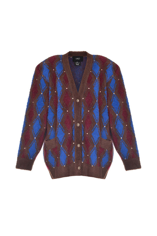 BROWN AND BLUE CHECKED WOOL CARDIGAN