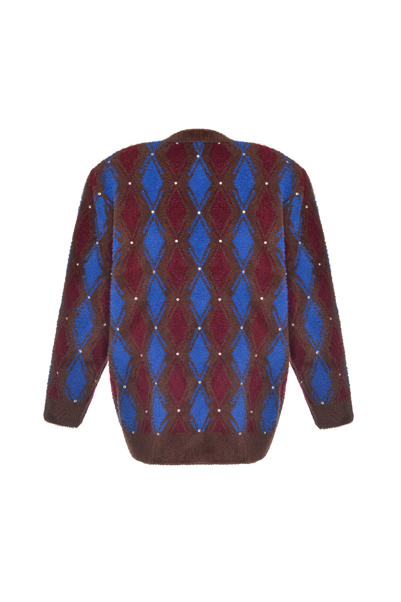 BROWN AND BLUE CHECKED WOOL CARDIGAN
