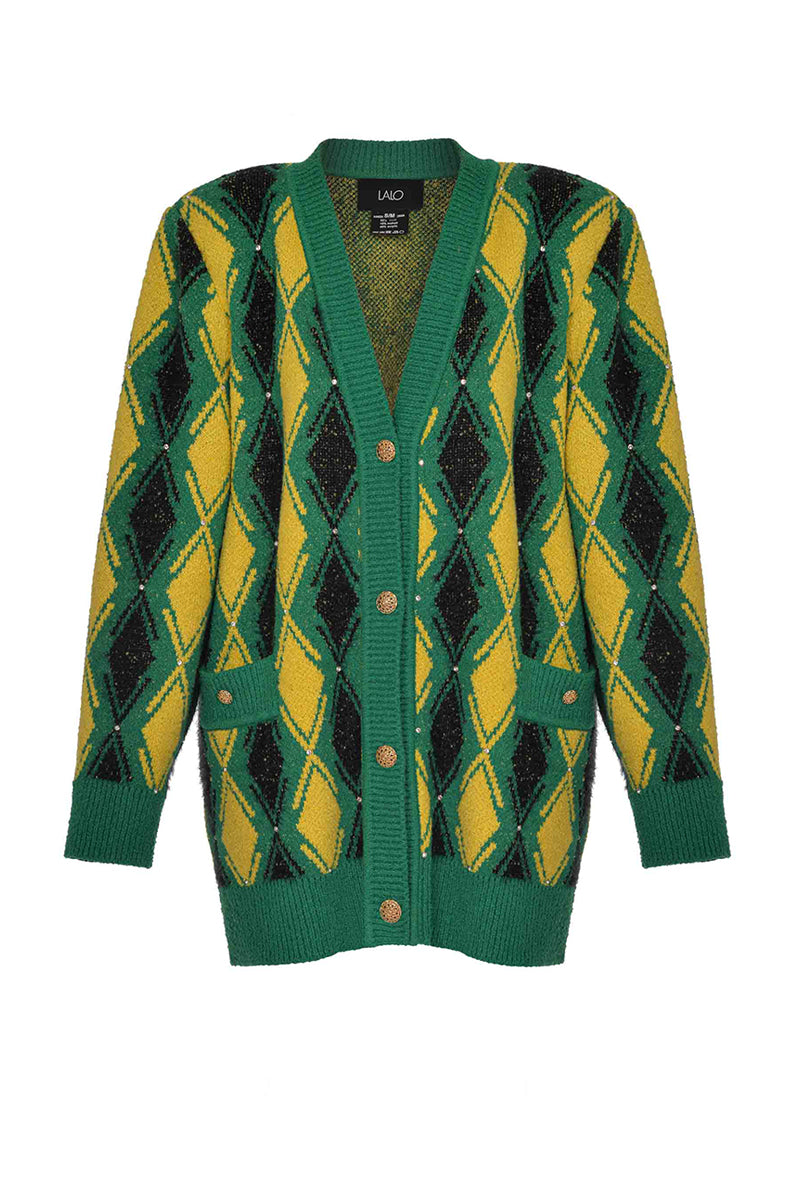 GREEN AND YELLOW CHECKED WOOL CARDIGAN