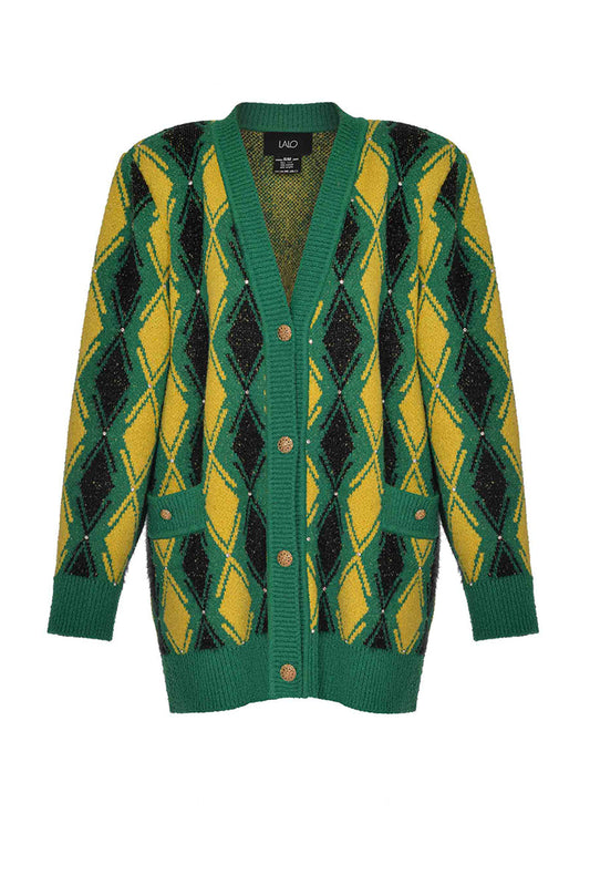 GREEN AND YELLOW CHECKED WOOL CARDIGAN