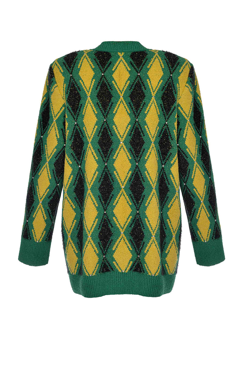 GREEN AND YELLOW CHECKED WOOL CARDIGAN
