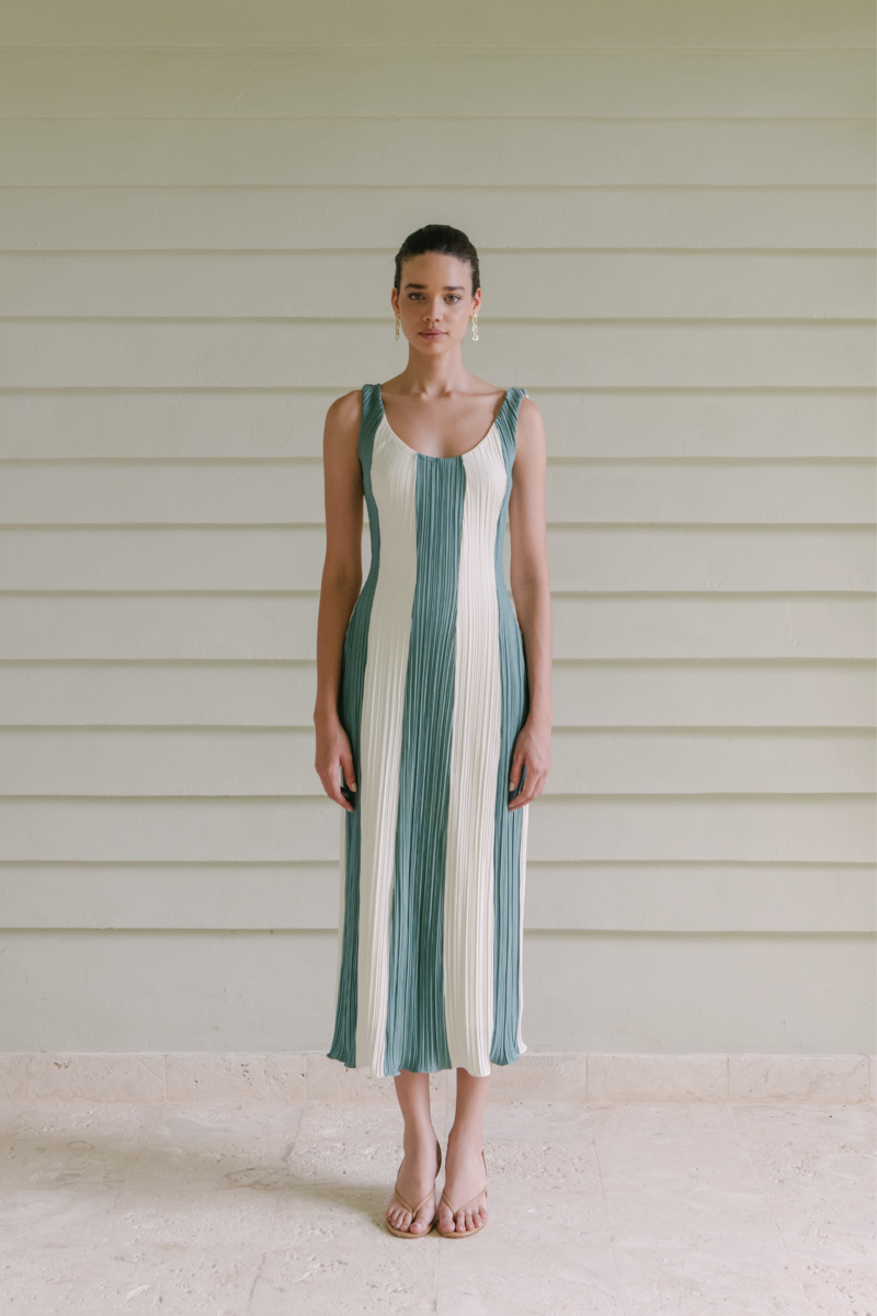 CORRIENTE OFF WHITE AND LAKE GREEN MIDI DRESS
