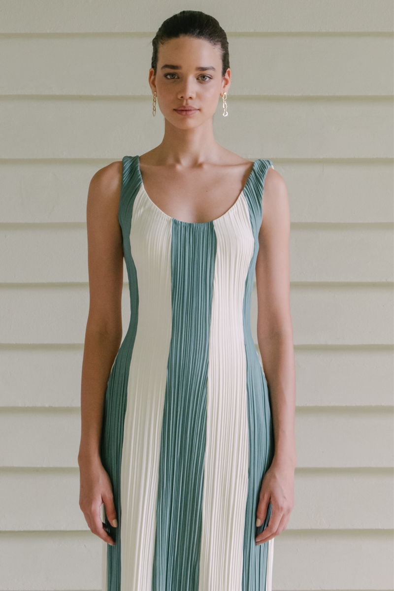 CORRIENTE OFF WHITE AND LAKE GREEN MIDI DRESS