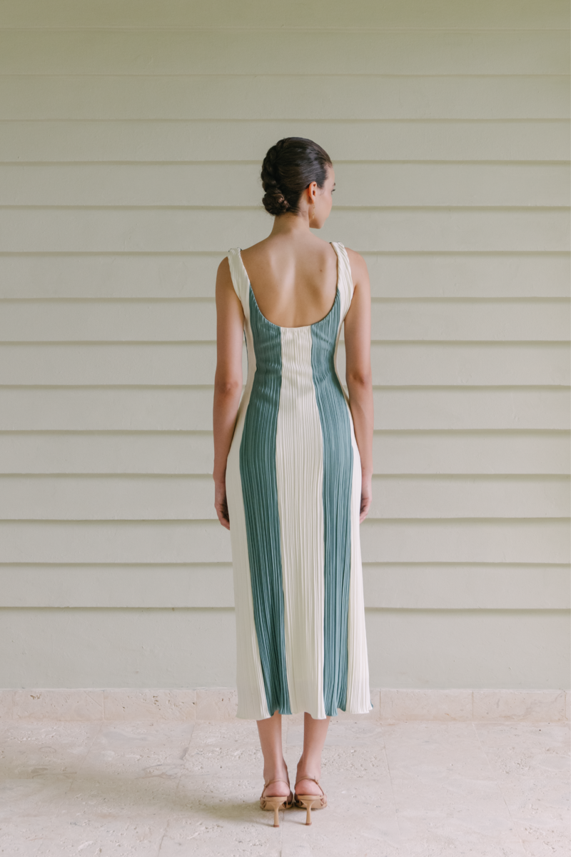 CORRIENTE OFF WHITE AND LAKE GREEN MIDI DRESS