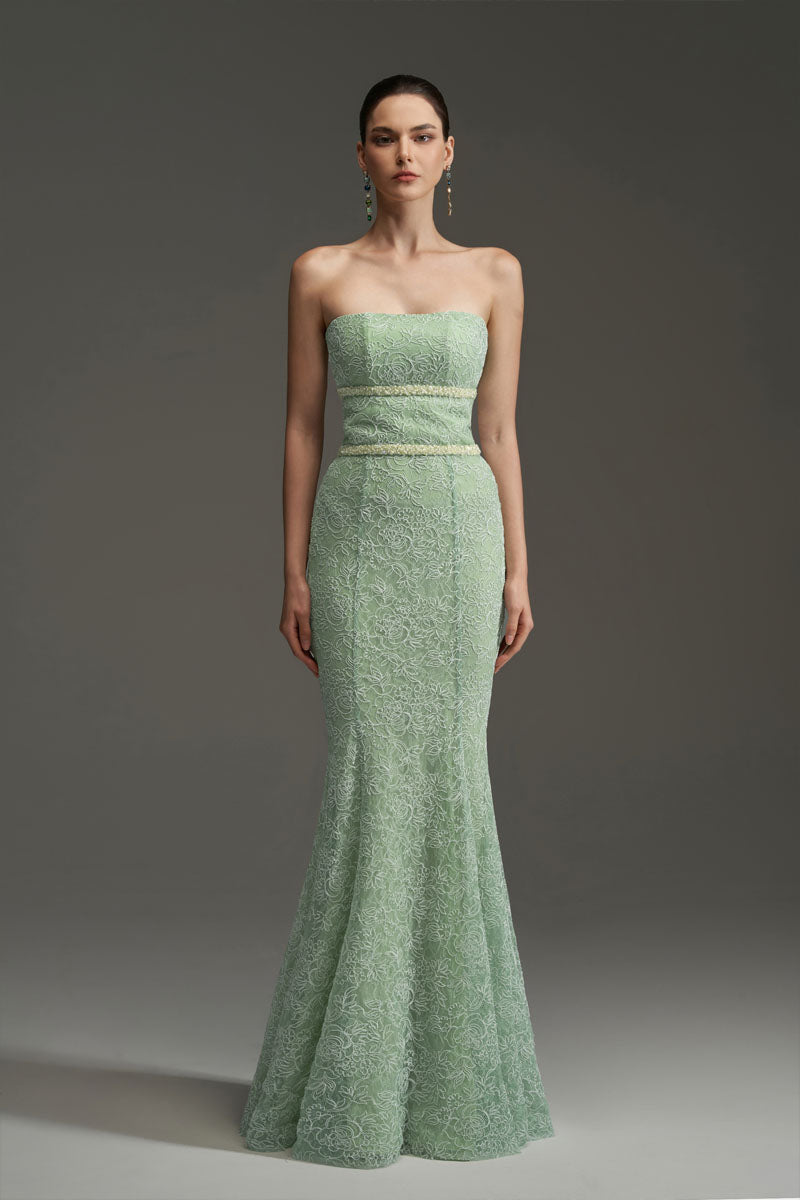 FLORAL MESH LACE AND CHIFFON DRESS IN GREEN