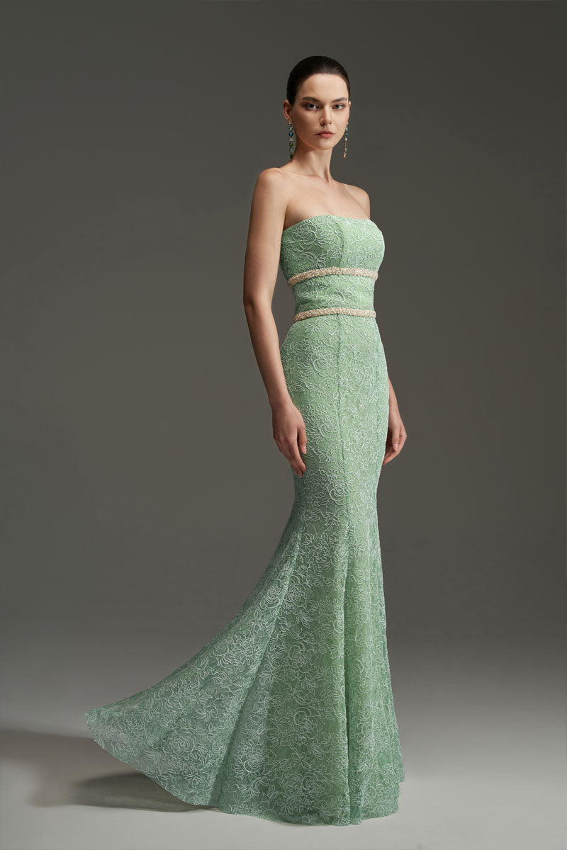 FLORAL MESH LACE AND CHIFFON DRESS IN GREEN