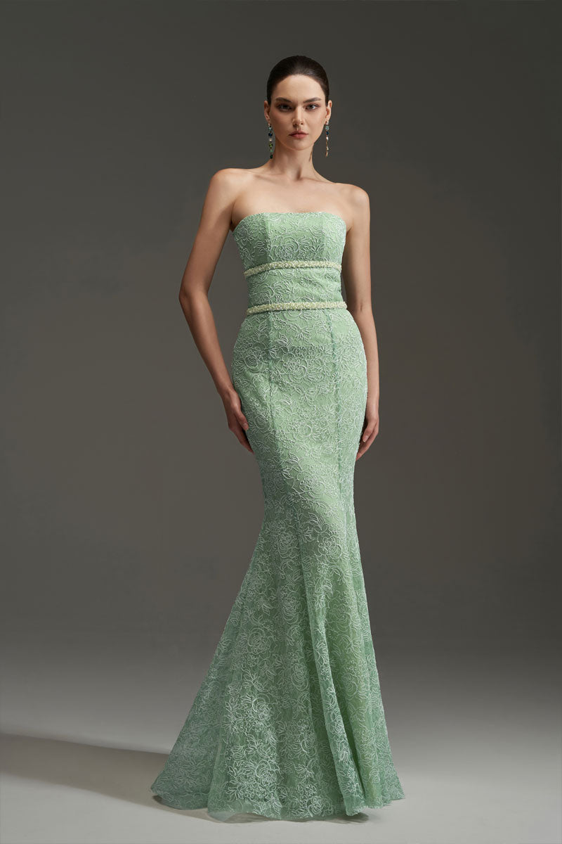 FLORAL MESH LACE AND CHIFFON DRESS IN GREEN