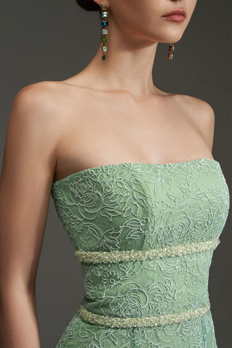 FLORAL MESH LACE AND CHIFFON DRESS IN GREEN