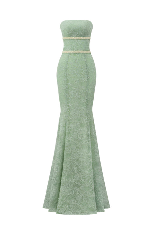 FLORAL MESH LACE AND CHIFFON DRESS IN GREEN
