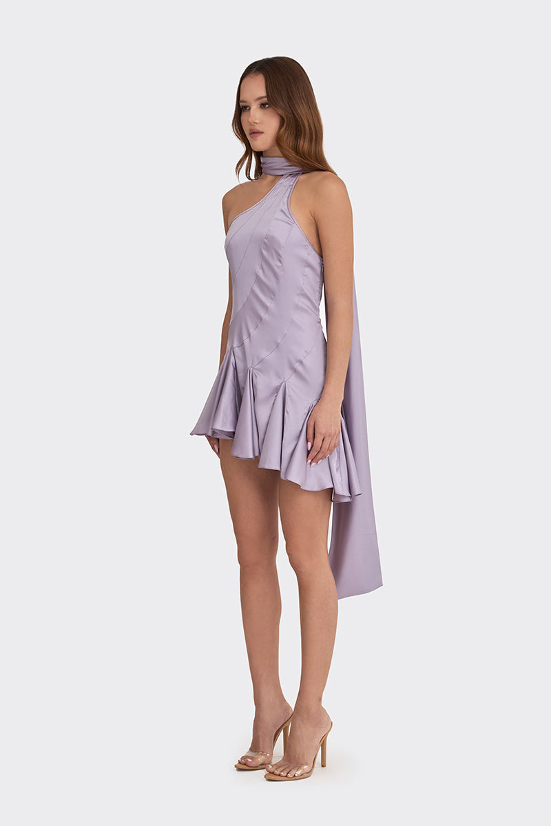 MS. GODET ASYMMETRIC DRESS IN DUSTY PURPLE