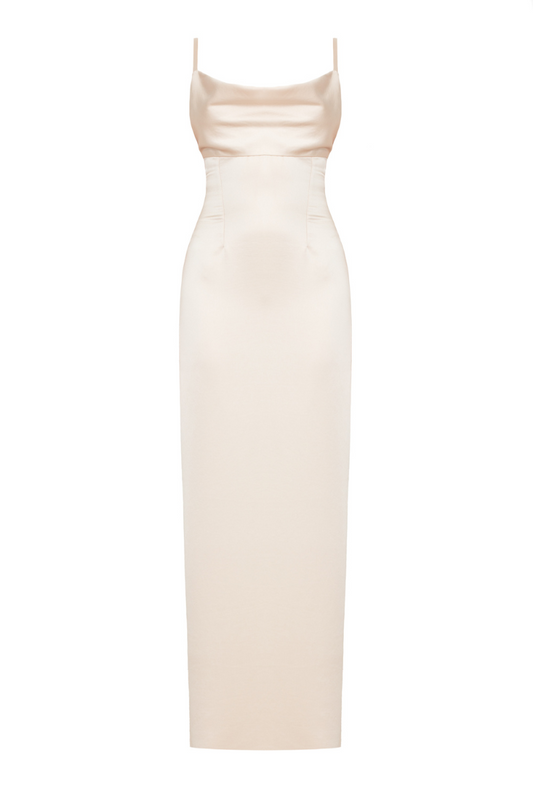 NADA LONG BEIGE EVENING DRESS WITH STRAPS