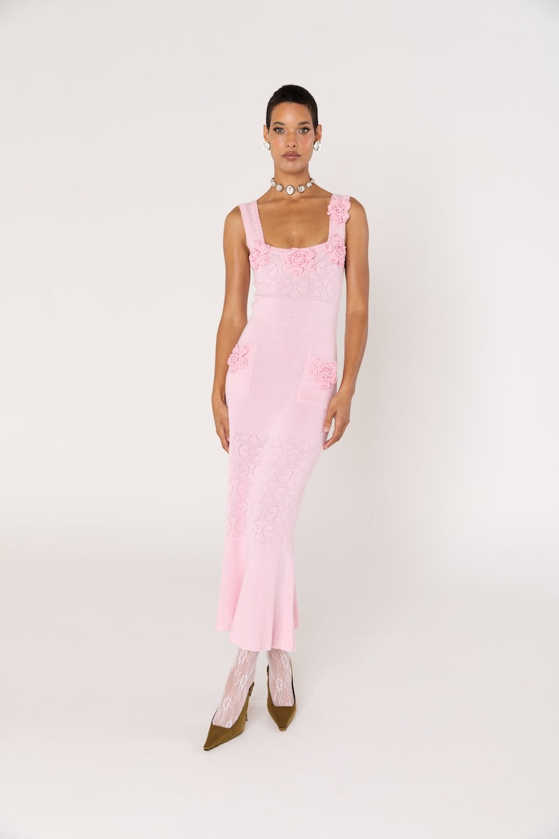ROSE VANILLA KNIT DRESS WITH HANDMADE KNIT DETAILS