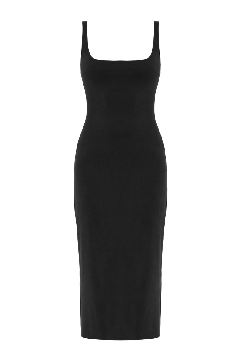 OLIVIA BLACK MIDI BODYCON DRESS WITH SQUARE NECKLINE
