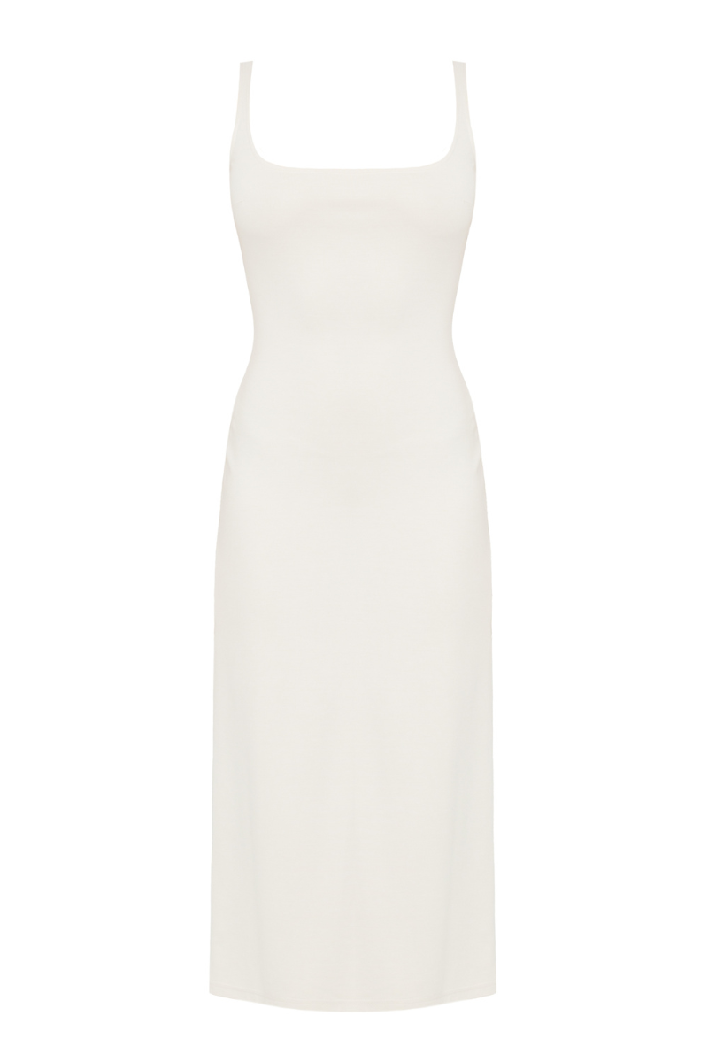 OLIVIA OFF-WHITE MIDI BODYCON DRESS WITH SQUARE NECKLINE
