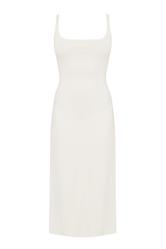 OLIVIA OFF-WHITE MIDI BODYCON DRESS WITH SQUARE NECKLINE