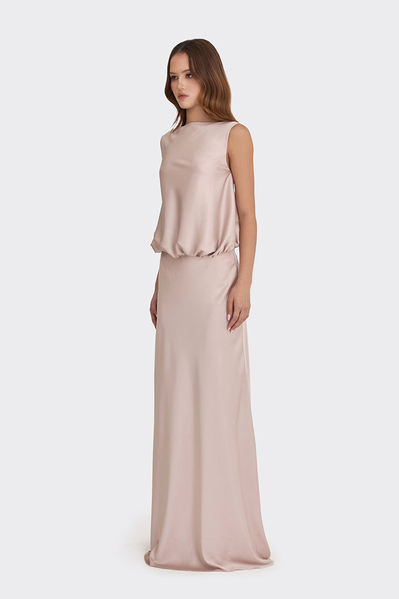 PUFFED BOATNECK MAXI GOWN IN SILVER PINK