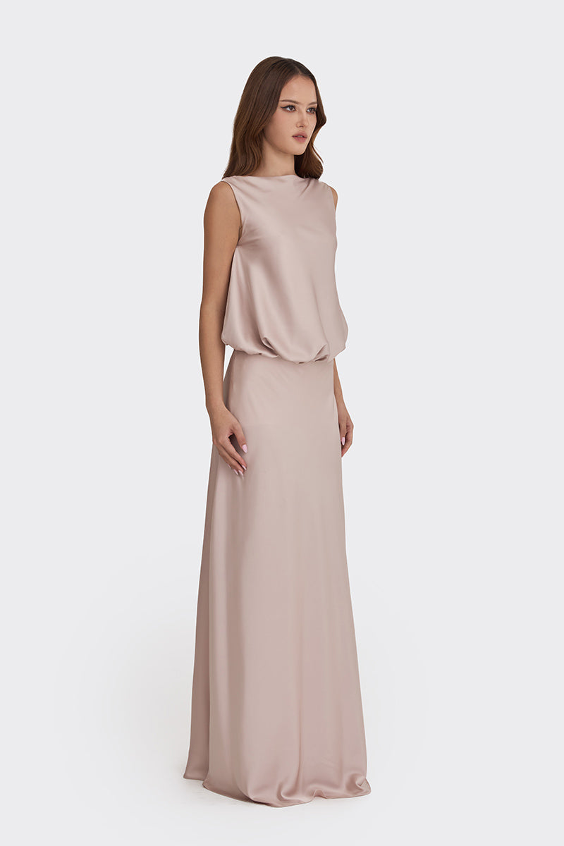 PUFFED BOATNECK MAXI GOWN IN SILVER PINK