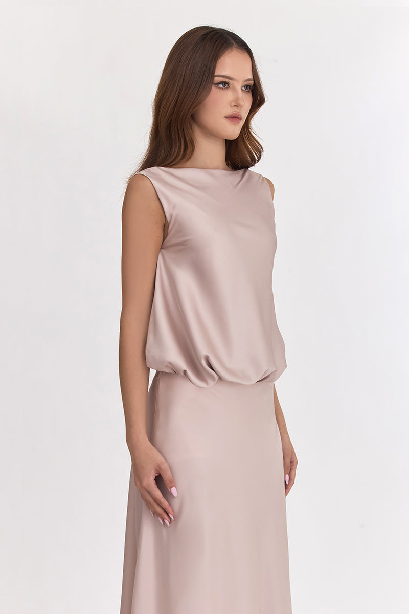 PUFFED BOATNECK MAXI GOWN IN SILVER PINK