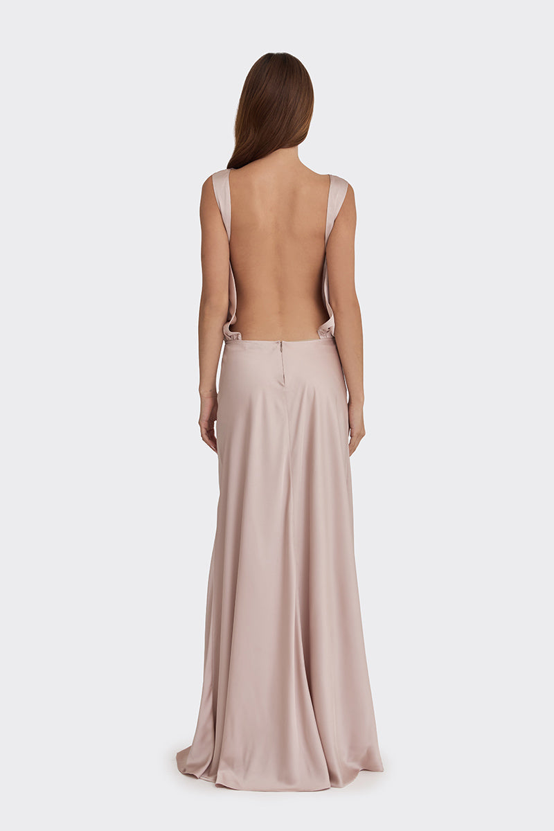 PUFFED BOATNECK MAXI GOWN IN SILVER PINK