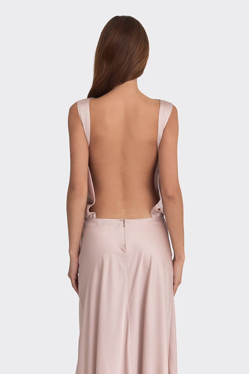 PUFFED BOATNECK MAXI GOWN IN SILVER PINK