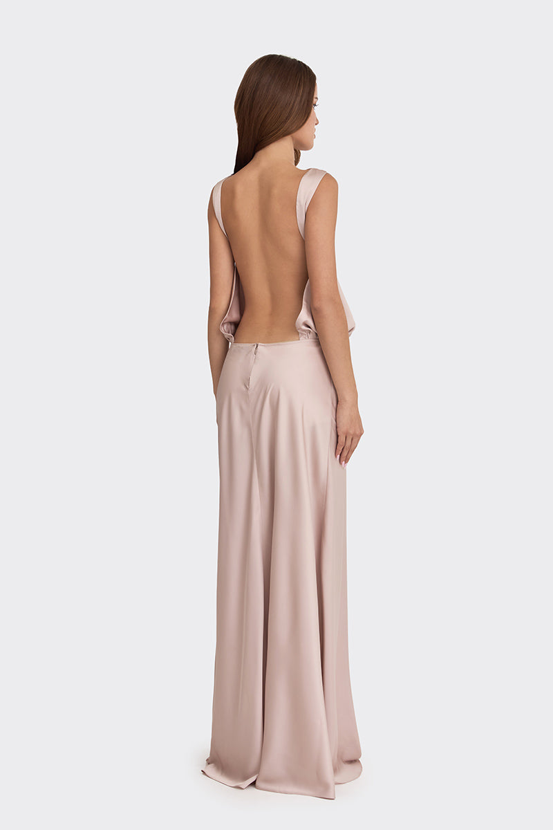 PUFFED BOATNECK MAXI GOWN IN SILVER PINK
