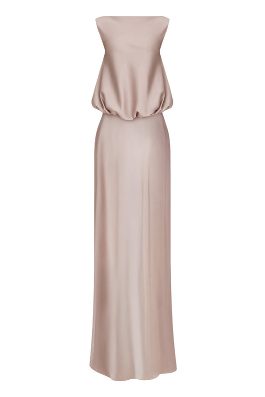 PUFFED BOATNECK MAXI GOWN IN SILVER PINK