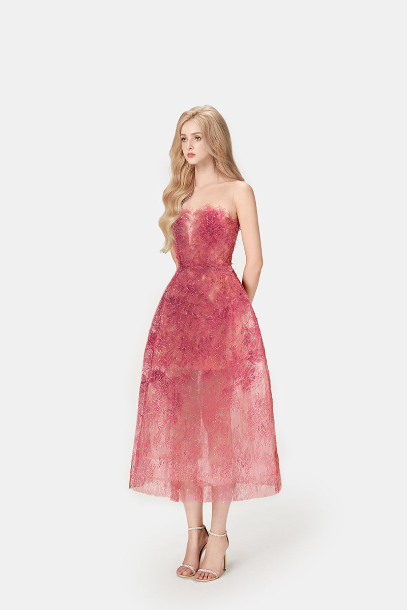 RED BEADED LACE MIDI DRESS