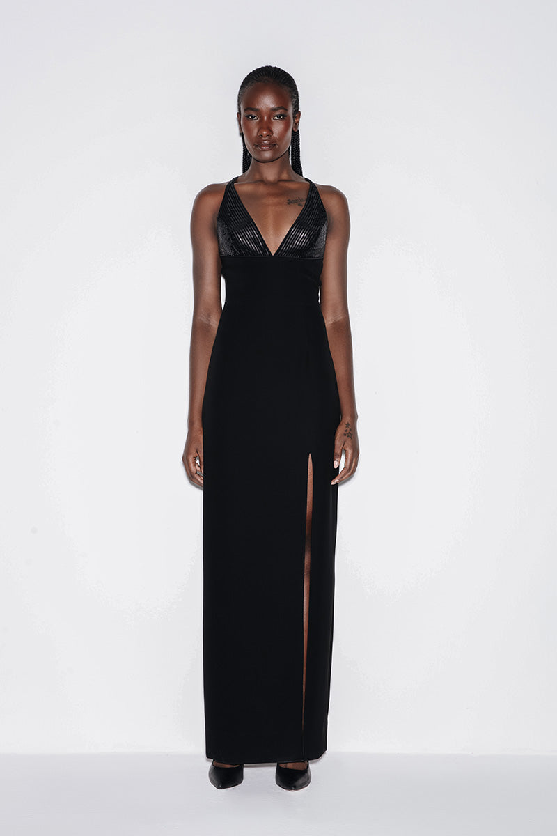 V-NECK SEQUIN MAXI DRESS IN BLACK