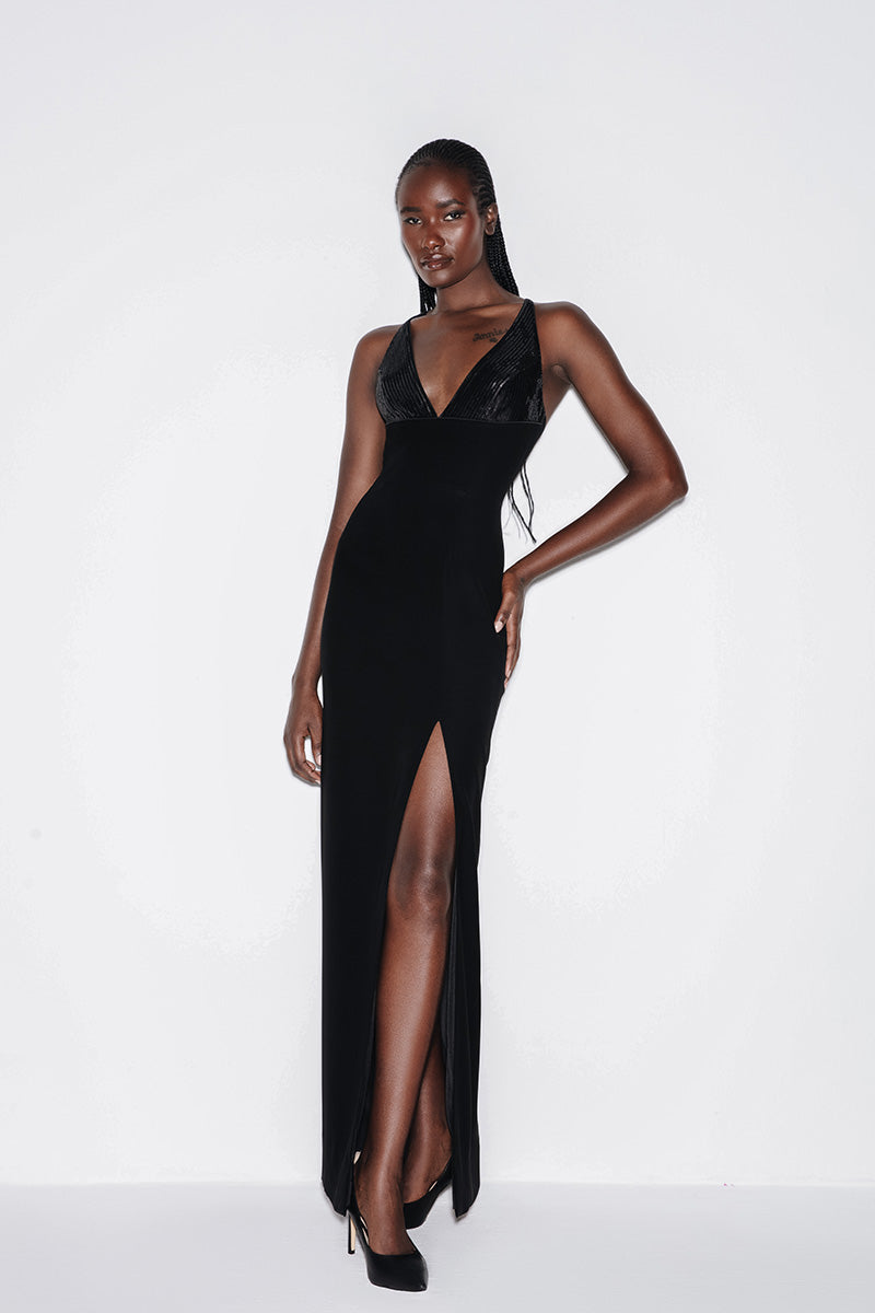 V-NECK SEQUIN MAXI DRESS IN BLACK
