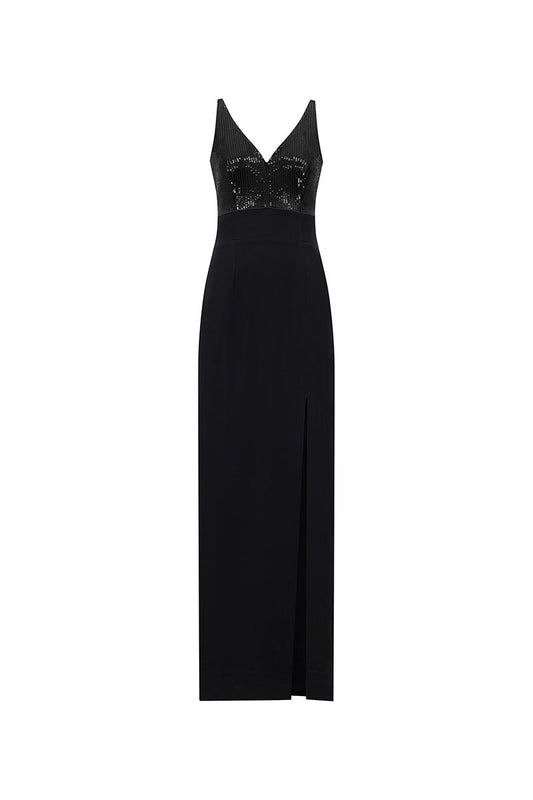 V-NECK SEQUIN MAXI DRESS IN BLACK