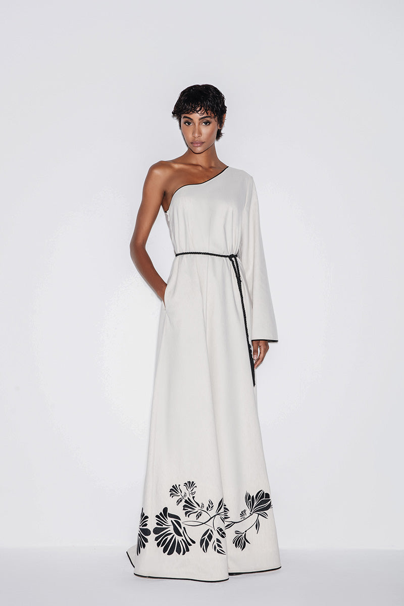 ONE-SHOULDER EMBROIDERED MAXI DRESS IN BEIGE