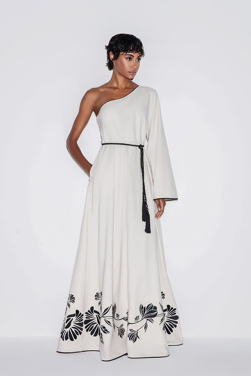 ONE-SHOULDER EMBROIDERED MAXI DRESS IN BEIGE