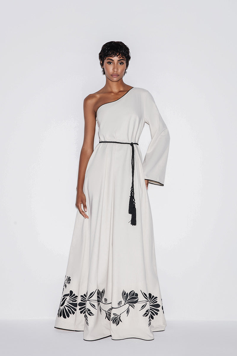 ONE-SHOULDER EMBROIDERED MAXI DRESS IN BEIGE